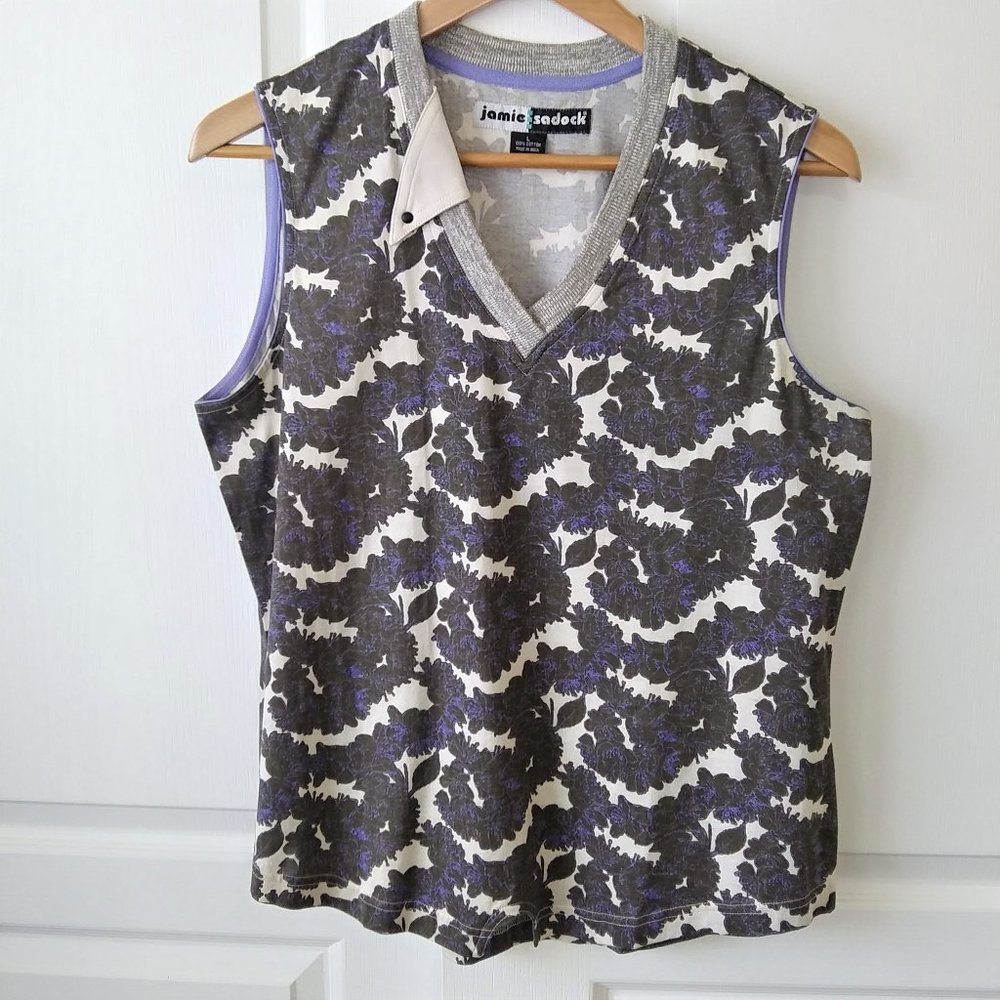 Jamie Sadock Women's Black/Blue Floral Sleeveless V-Neck Top Size L